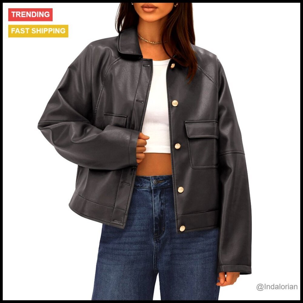 Faux Leather Motorcycle Jacket Oversized Button Down Hip Length